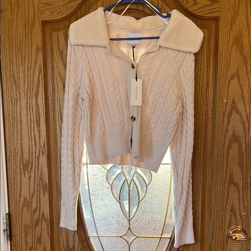 Pink Rose Cream Cable Knit Cardigan Sweater